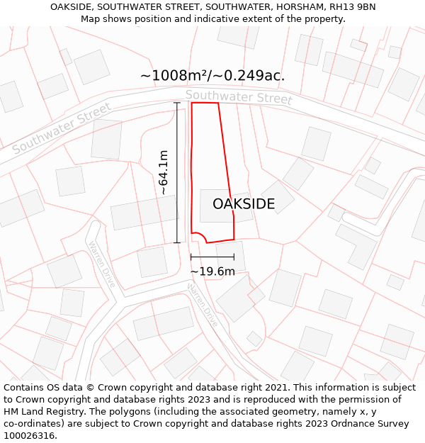 OAKSIDE, SOUTHWATER STREET, SOUTHWATER, HORSHAM, RH13 9BN: Plot and title map