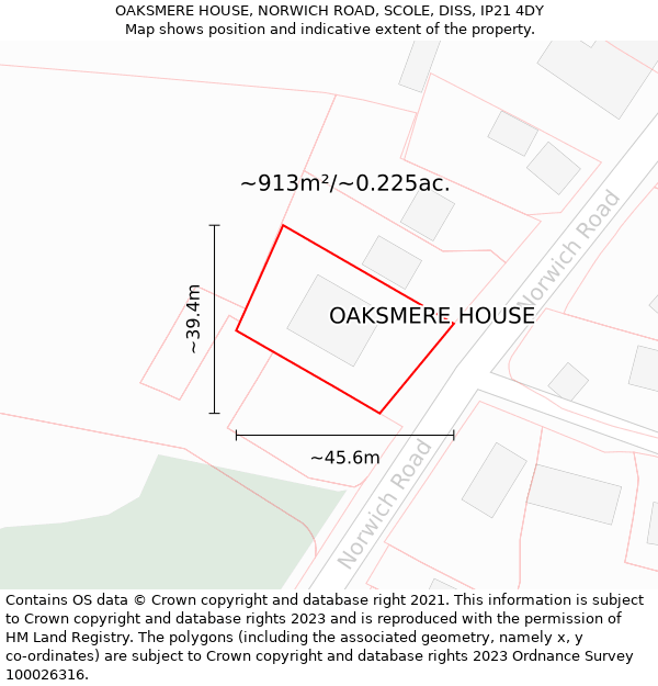OAKSMERE HOUSE, NORWICH ROAD, SCOLE, DISS, IP21 4DY: Plot and title map