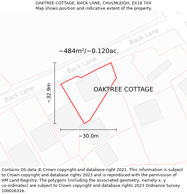 OAKTREE COTTAGE, BACK LANE, CHULMLEIGH, EX18 7AX: Plot and title map