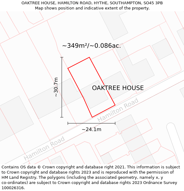 OAKTREE HOUSE, HAMILTON ROAD, HYTHE, SOUTHAMPTON, SO45 3PB: Plot and title map