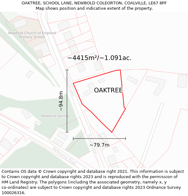 OAKTREE, SCHOOL LANE, NEWBOLD COLEORTON, COALVILLE, LE67 8PF: Plot and title map