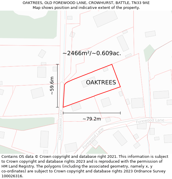 OAKTREES, OLD FOREWOOD LANE, CROWHURST, BATTLE, TN33 9AE: Plot and title map