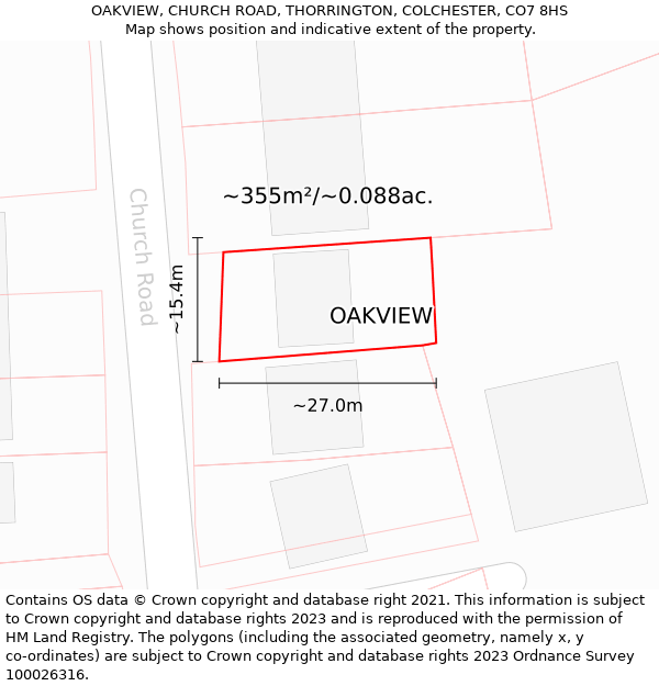 OAKVIEW, CHURCH ROAD, THORRINGTON, COLCHESTER, CO7 8HS: Plot and title map