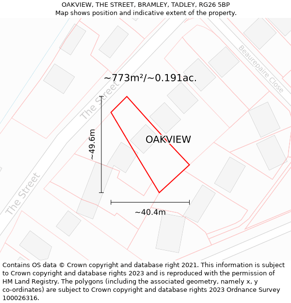 OAKVIEW, THE STREET, BRAMLEY, TADLEY, RG26 5BP: Plot and title map