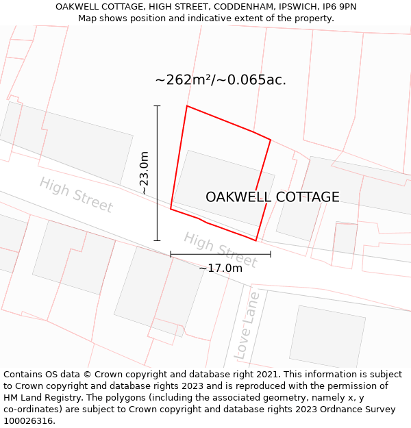 OAKWELL COTTAGE, HIGH STREET, CODDENHAM, IPSWICH, IP6 9PN: Plot and title map