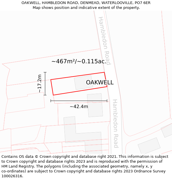 OAKWELL, HAMBLEDON ROAD, DENMEAD, WATERLOOVILLE, PO7 6ER: Plot and title map