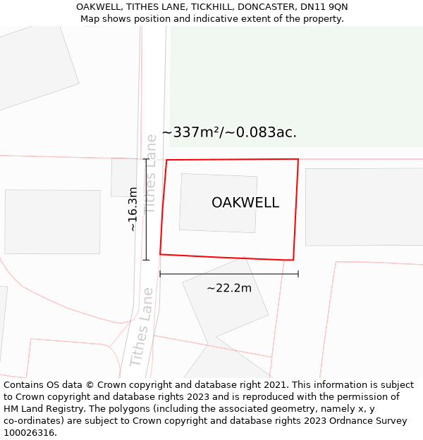OAKWELL, TITHES LANE, TICKHILL, DONCASTER, DN11 9QN: Plot and title map