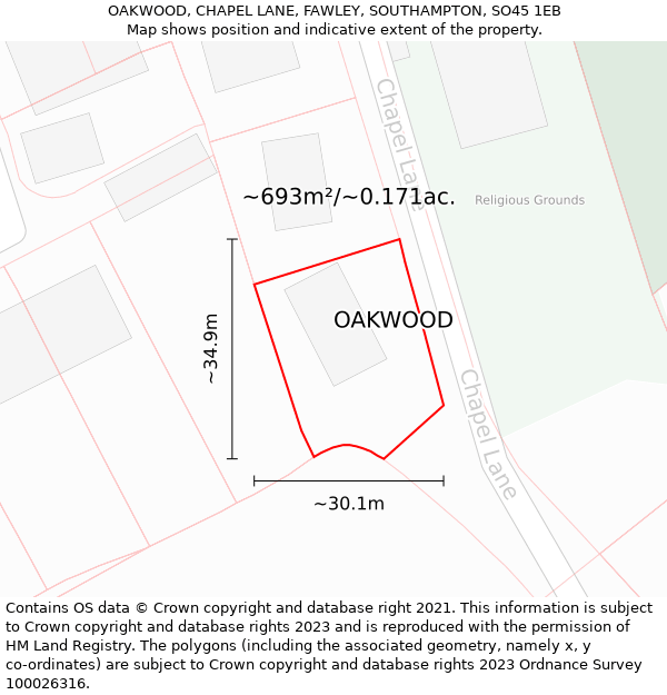 OAKWOOD, CHAPEL LANE, FAWLEY, SOUTHAMPTON, SO45 1EB: Plot and title map