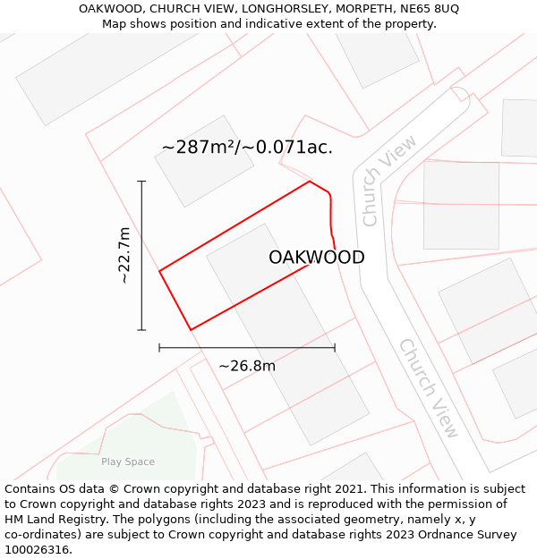 OAKWOOD, CHURCH VIEW, LONGHORSLEY, MORPETH, NE65 8UQ: Plot and title map