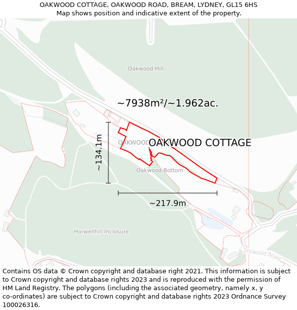 OAKWOOD COTTAGE, OAKWOOD ROAD, BREAM, LYDNEY, GL15 6HS: Plot and title map