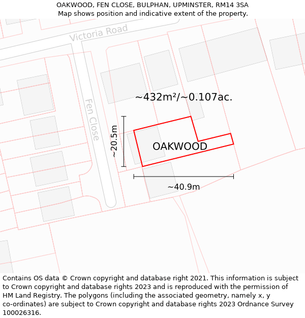 OAKWOOD, FEN CLOSE, BULPHAN, UPMINSTER, RM14 3SA: Plot and title map