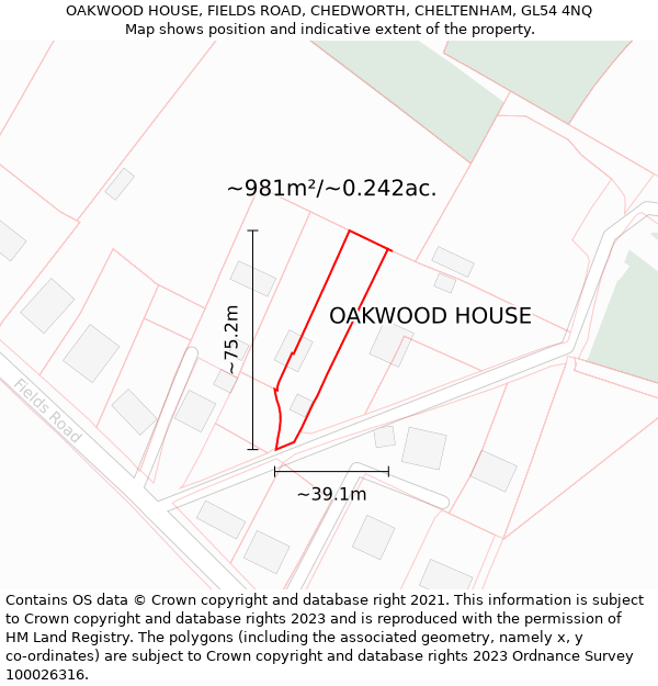 OAKWOOD HOUSE, FIELDS ROAD, CHEDWORTH, CHELTENHAM, GL54 4NQ: Plot and title map