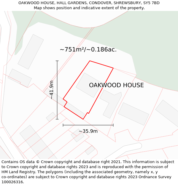 OAKWOOD HOUSE, HALL GARDENS, CONDOVER, SHREWSBURY, SY5 7BD: Plot and title map