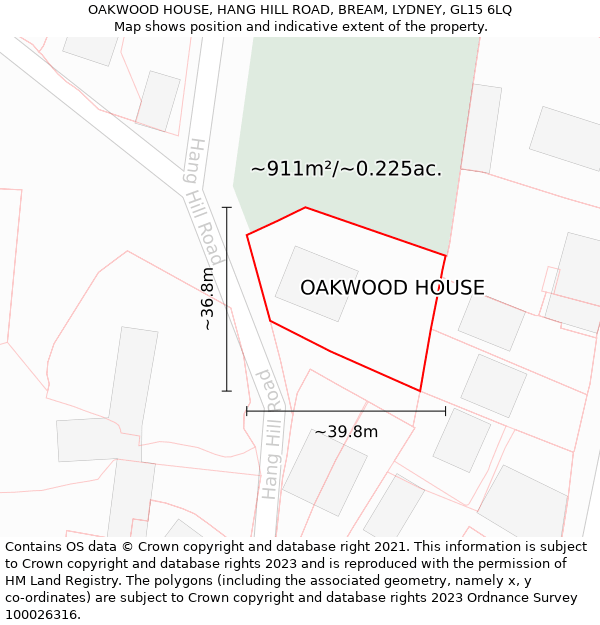 OAKWOOD HOUSE, HANG HILL ROAD, BREAM, LYDNEY, GL15 6LQ: Plot and title map