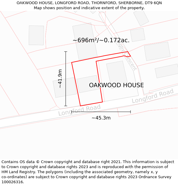 OAKWOOD HOUSE, LONGFORD ROAD, THORNFORD, SHERBORNE, DT9 6QN: Plot and title map