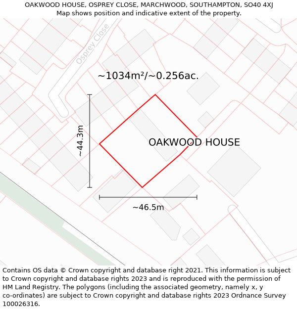 OAKWOOD HOUSE, OSPREY CLOSE, MARCHWOOD, SOUTHAMPTON, SO40 4XJ: Plot and title map