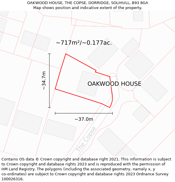 OAKWOOD HOUSE, THE COPSE, DORRIDGE, SOLIHULL, B93 8GA: Plot and title map