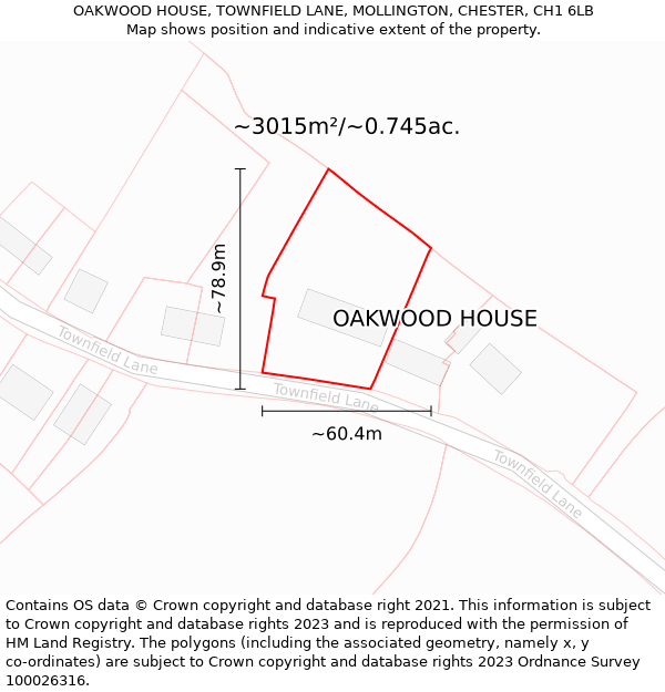 OAKWOOD HOUSE, TOWNFIELD LANE, MOLLINGTON, CHESTER, CH1 6LB: Plot and title map