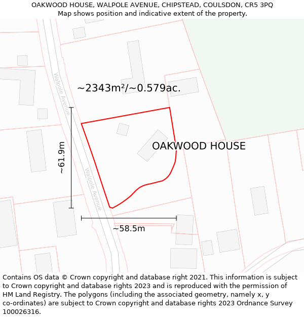 OAKWOOD HOUSE, WALPOLE AVENUE, CHIPSTEAD, COULSDON, CR5 3PQ: Plot and title map