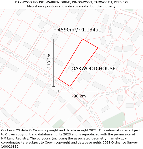OAKWOOD HOUSE, WARREN DRIVE, KINGSWOOD, TADWORTH, KT20 6PY: Plot and title map