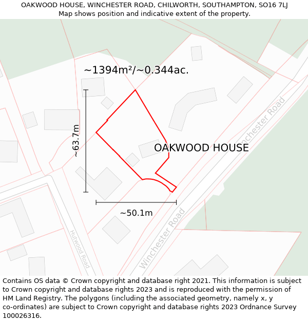 OAKWOOD HOUSE, WINCHESTER ROAD, CHILWORTH, SOUTHAMPTON, SO16 7LJ: Plot and title map