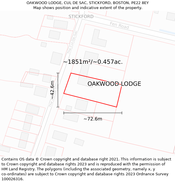 OAKWOOD LODGE, CUL DE SAC, STICKFORD, BOSTON, PE22 8EY: Plot and title map