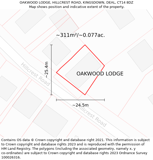 OAKWOOD LODGE, HILLCREST ROAD, KINGSDOWN, DEAL, CT14 8DZ: Plot and title map