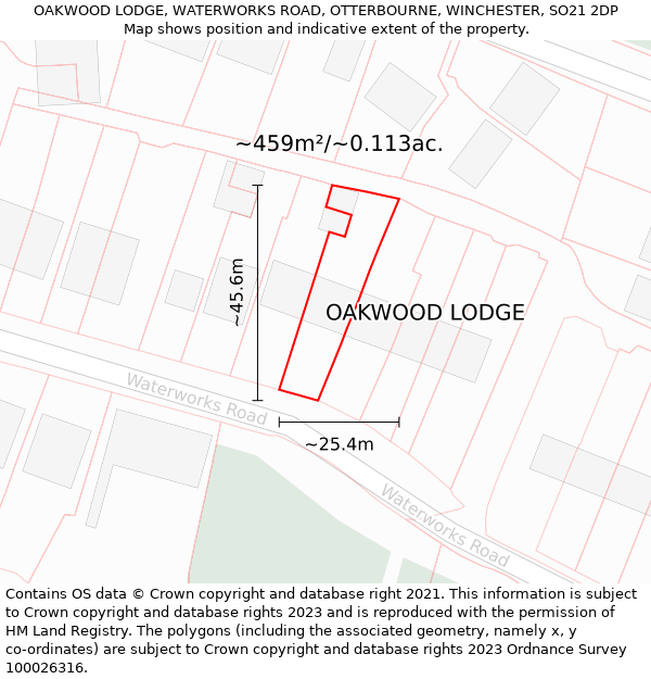 OAKWOOD LODGE, WATERWORKS ROAD, OTTERBOURNE, WINCHESTER, SO21 2DP: Plot and title map