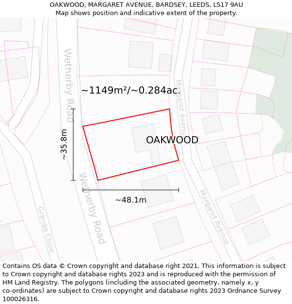 OAKWOOD, MARGARET AVENUE, BARDSEY, LEEDS, LS17 9AU: Plot and title map