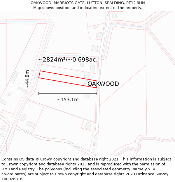 OAKWOOD, MARRIOTS GATE, LUTTON, SPALDING, PE12 9HN: Plot and title map