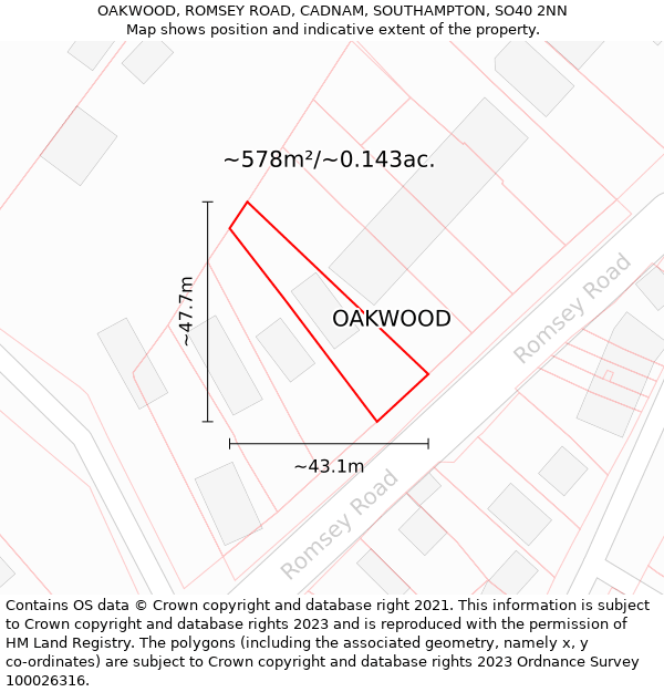 OAKWOOD, ROMSEY ROAD, CADNAM, SOUTHAMPTON, SO40 2NN: Plot and title map