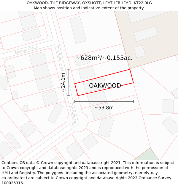 OAKWOOD, THE RIDGEWAY, OXSHOTT, LEATHERHEAD, KT22 0LG: Plot and title map