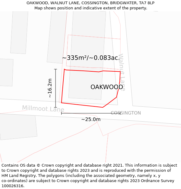 OAKWOOD, WALNUT LANE, COSSINGTON, BRIDGWATER, TA7 8LP: Plot and title map