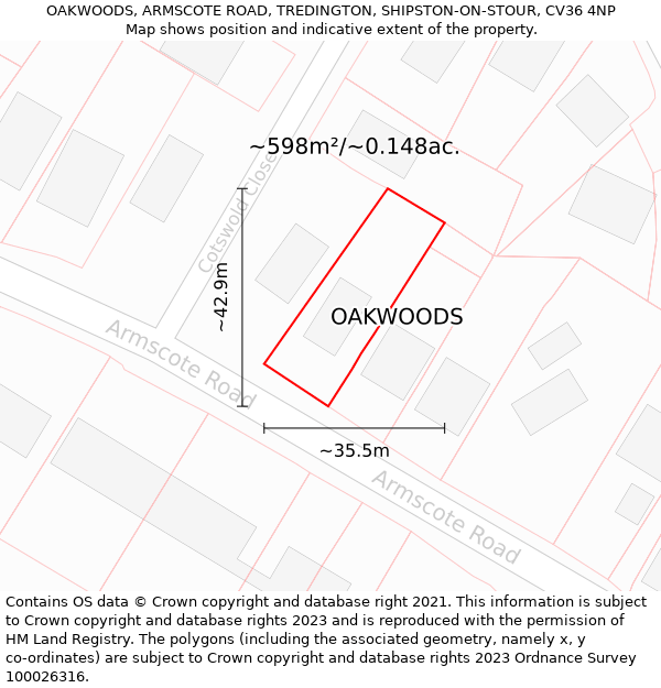 OAKWOODS, ARMSCOTE ROAD, TREDINGTON, SHIPSTON-ON-STOUR, CV36 4NP: Plot and title map