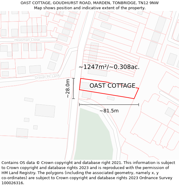 OAST COTTAGE, GOUDHURST ROAD, MARDEN, TONBRIDGE, TN12 9NW: Plot and title map