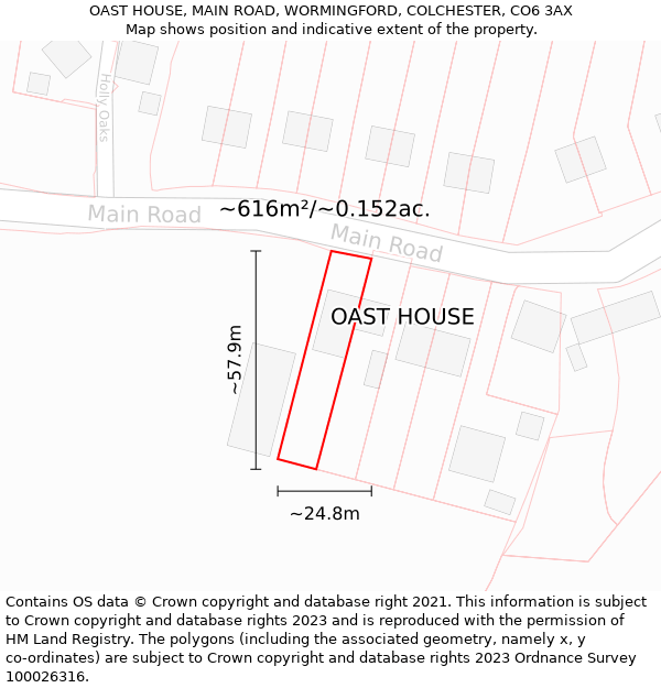 OAST HOUSE, MAIN ROAD, WORMINGFORD, COLCHESTER, CO6 3AX: Plot and title map