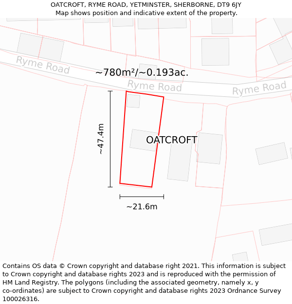 OATCROFT, RYME ROAD, YETMINSTER, SHERBORNE, DT9 6JY: Plot and title map