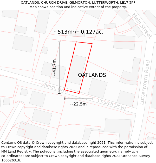 OATLANDS, CHURCH DRIVE, GILMORTON, LUTTERWORTH, LE17 5PF: Plot and title map