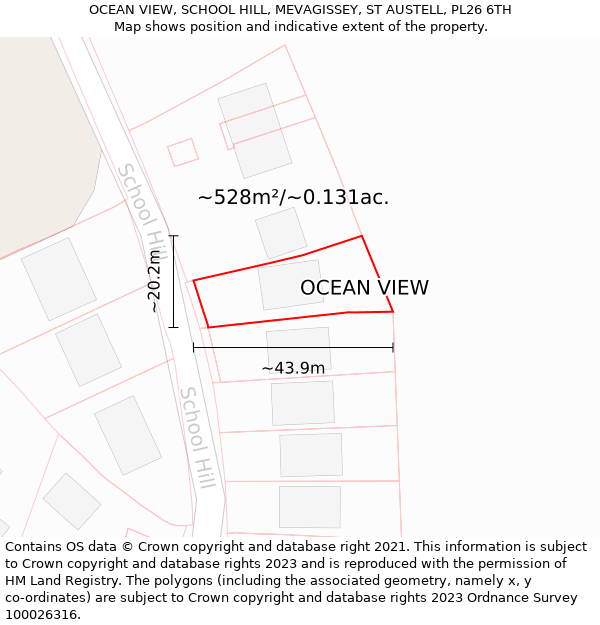 OCEAN VIEW, SCHOOL HILL, MEVAGISSEY, ST AUSTELL, PL26 6TH: Plot and title map