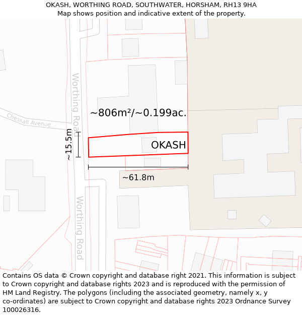 OKASH, WORTHING ROAD, SOUTHWATER, HORSHAM, RH13 9HA: Plot and title map