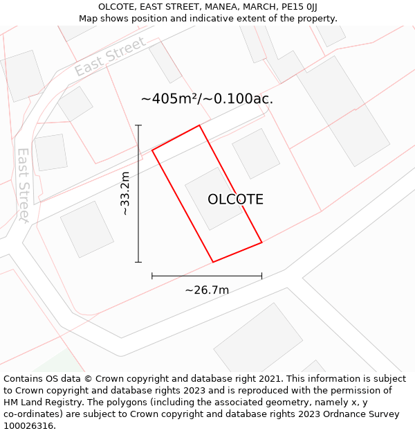 OLCOTE, EAST STREET, MANEA, MARCH, PE15 0JJ: Plot and title map