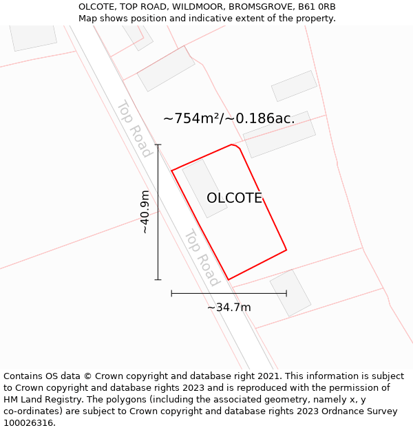 OLCOTE, TOP ROAD, WILDMOOR, BROMSGROVE, B61 0RB: Plot and title map