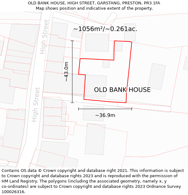 OLD BANK HOUSE, HIGH STREET, GARSTANG, PRESTON, PR3 1FA: Plot and title map