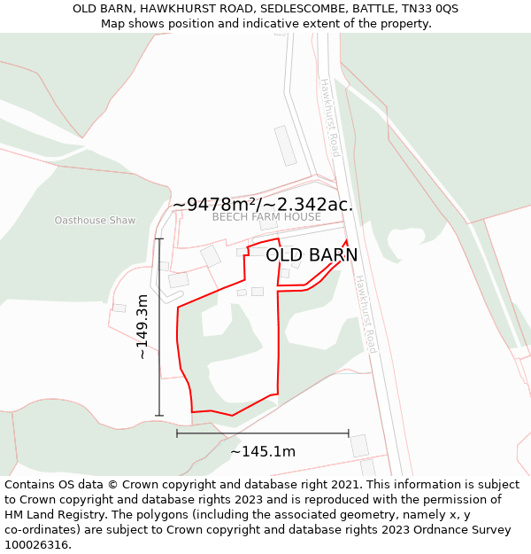 OLD BARN, HAWKHURST ROAD, SEDLESCOMBE, BATTLE, TN33 0QS: Plot and title map