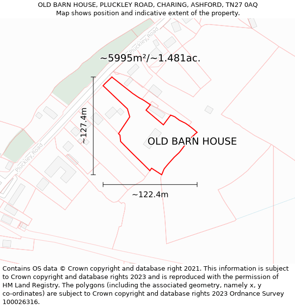 OLD BARN HOUSE, PLUCKLEY ROAD, CHARING, ASHFORD, TN27 0AQ: Plot and title map