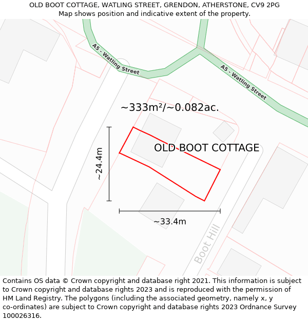 OLD BOOT COTTAGE, WATLING STREET, GRENDON, ATHERSTONE, CV9 2PG: Plot and title map