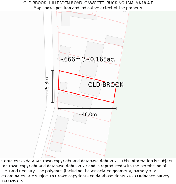 OLD BROOK, HILLESDEN ROAD, GAWCOTT, BUCKINGHAM, MK18 4JF: Plot and title map