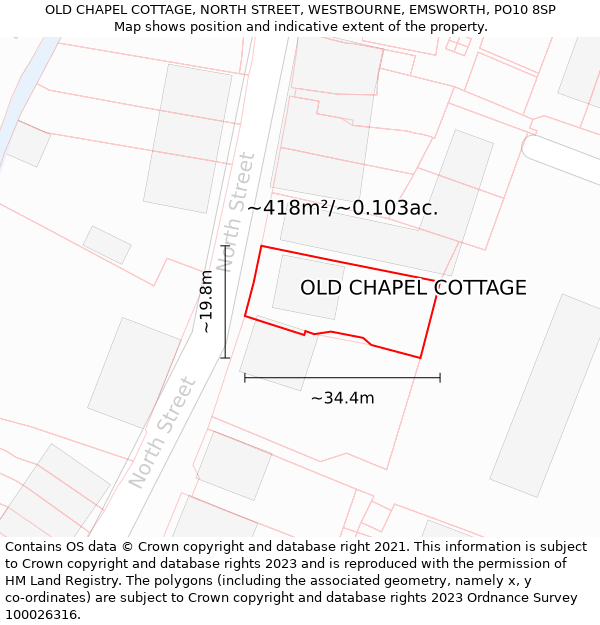 OLD CHAPEL COTTAGE, NORTH STREET, WESTBOURNE, EMSWORTH, PO10 8SP: Plot and title map