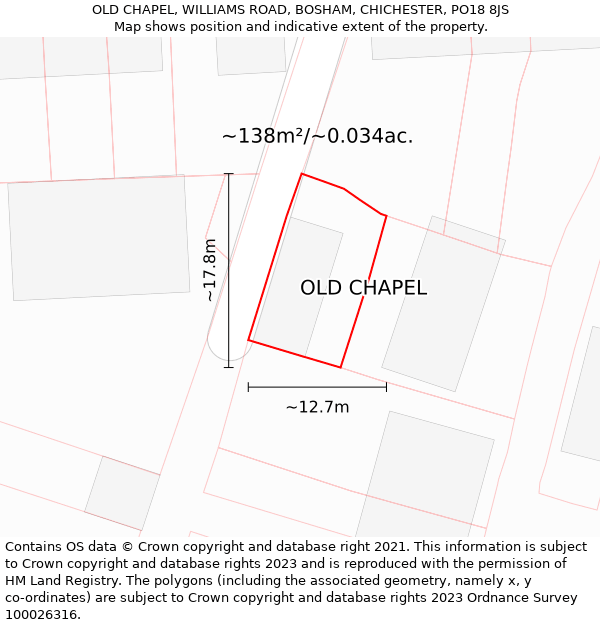 OLD CHAPEL, WILLIAMS ROAD, BOSHAM, CHICHESTER, PO18 8JS: Plot and title map