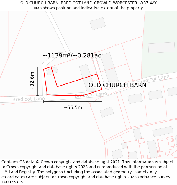 OLD CHURCH BARN, BREDICOT LANE, CROWLE, WORCESTER, WR7 4AY: Plot and title map